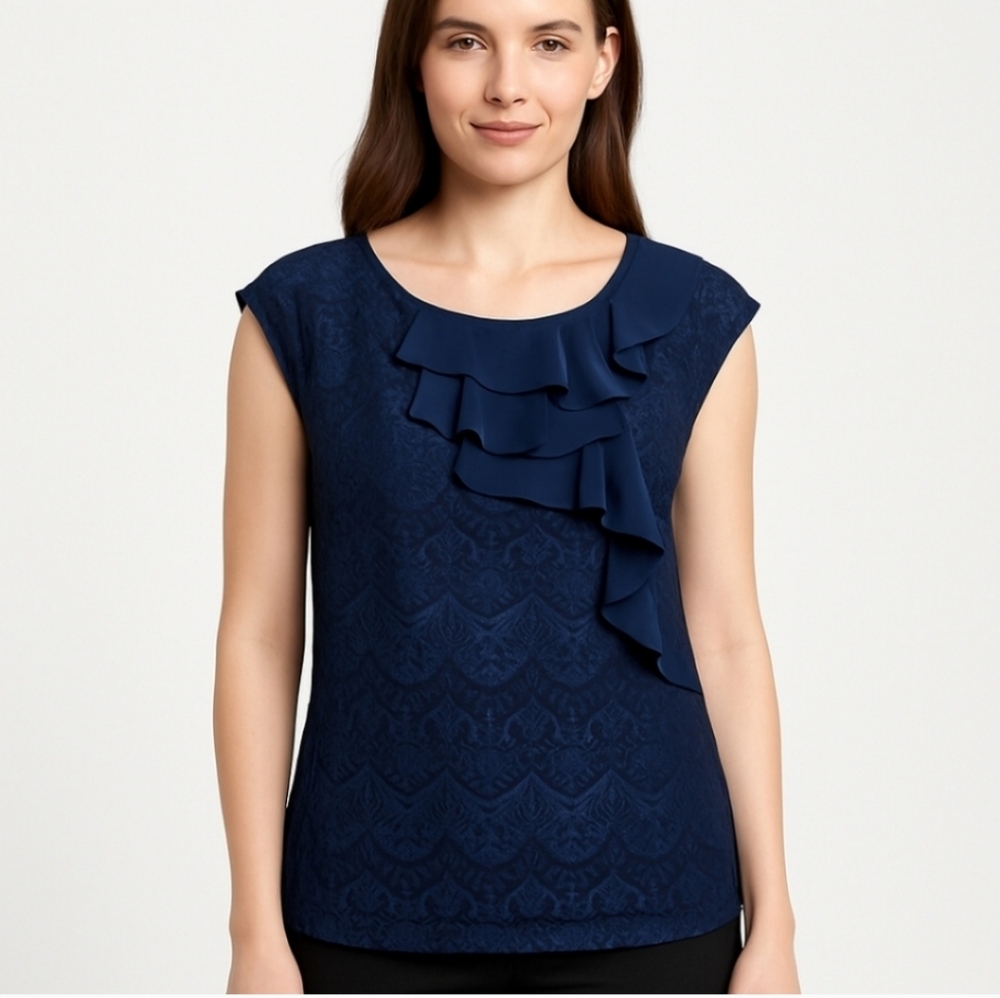 7th Avenue Navy Ruffle Lace Capped Sleeve Blouse Size XL